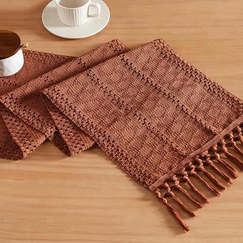 Image of ZeeMart Macrame Style Boho Table Runner, 12x60 Inch Terracotta | Woven Boho Table Runner with Handmade Tassels, Crochet Hollow Table Scarf, Farmhouse Kitchen Home Decor Dresser Runner