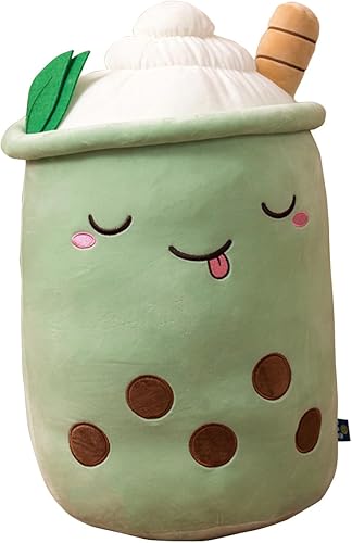 Galatee Almohada de peluche de 13.7 pulgadas, bonita almohada de peluche de té de burbujas de peluche, suave almohada Kawaii verde Boba para