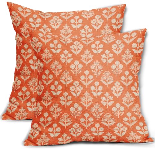 Sivirary Orange Floral Block Print Pillow Covers 20x20 Inch Set of 2, Vintage Flower Pattern Decorative Throw Pillowcases Outdoor Farmhouse Cushion Covers Fall Rustic Sofa Couch Bed Decor