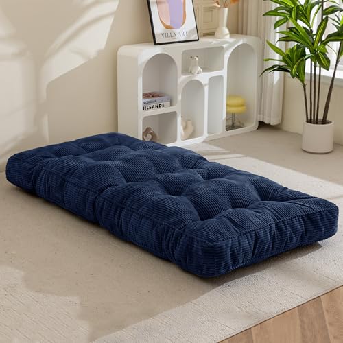 MAXYOYO Matelas Futon 1 Place Épais 15CM Garnissage en Mousse Déchiquetée avec Bordures Design, Matelas de Sol/Futon Pliable Pratique (Cadre Non Inclus)