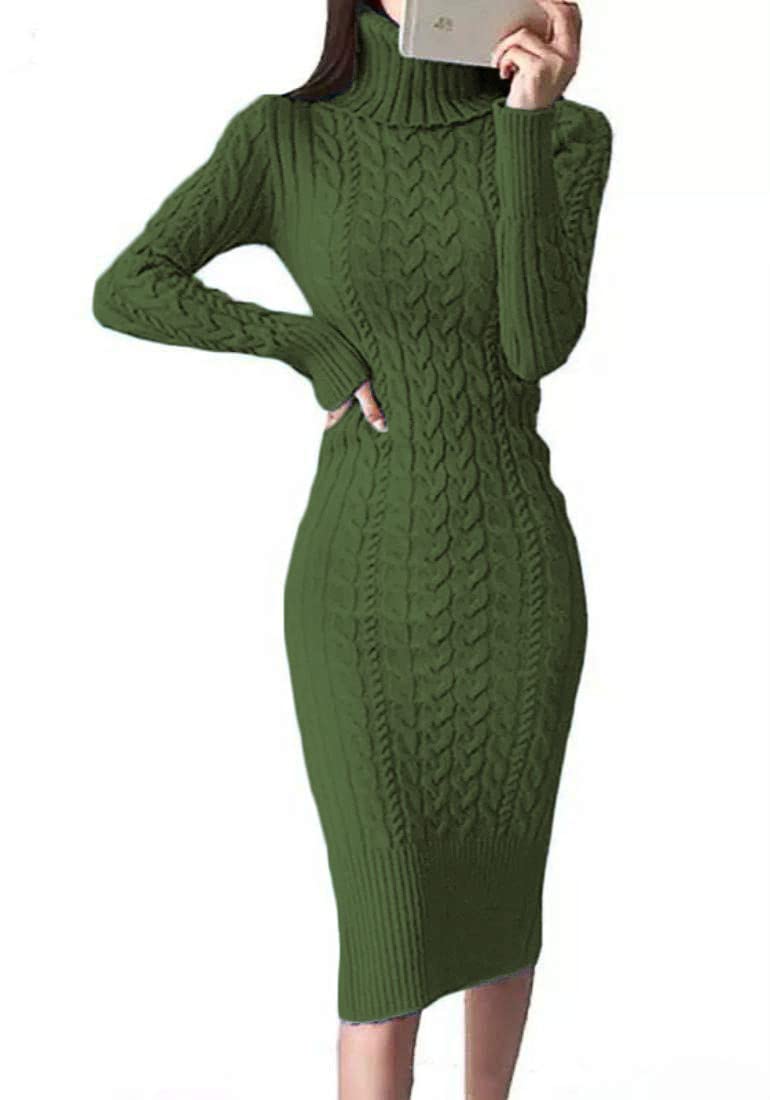 fangetey womens long sleeve turtleneck sweater dresses knitted bodycon midi sheath jumper dresses army green