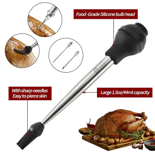JY COOKMENT Stainless Steel Turkey Baster Baster Syringe for Cooking Meat Injector Set with 2 Marinade Needles 1 Basting Brush1 Cleaning Brush for Home Baking Kitchen Tool,2023 UPDATE