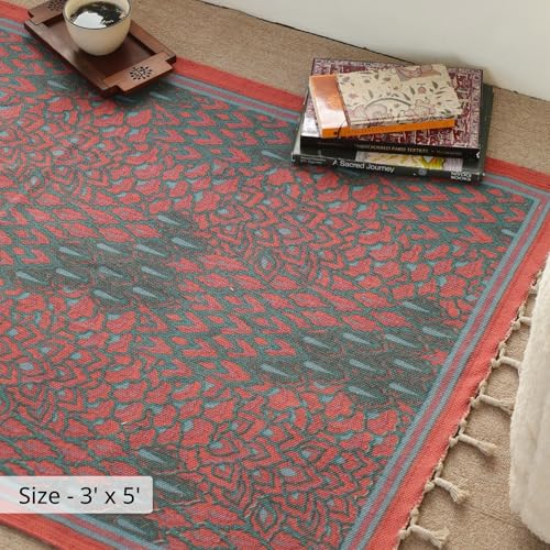 Image of Peepul Tree Handmade Pure Cotton Rug for Living Room | Multipurpose Carpet for Hall, Bed Room and Corridor | Floor Rugs | Sustainable Dhurrie | 3x5ft | Coral, and Teal | Chintz Collection