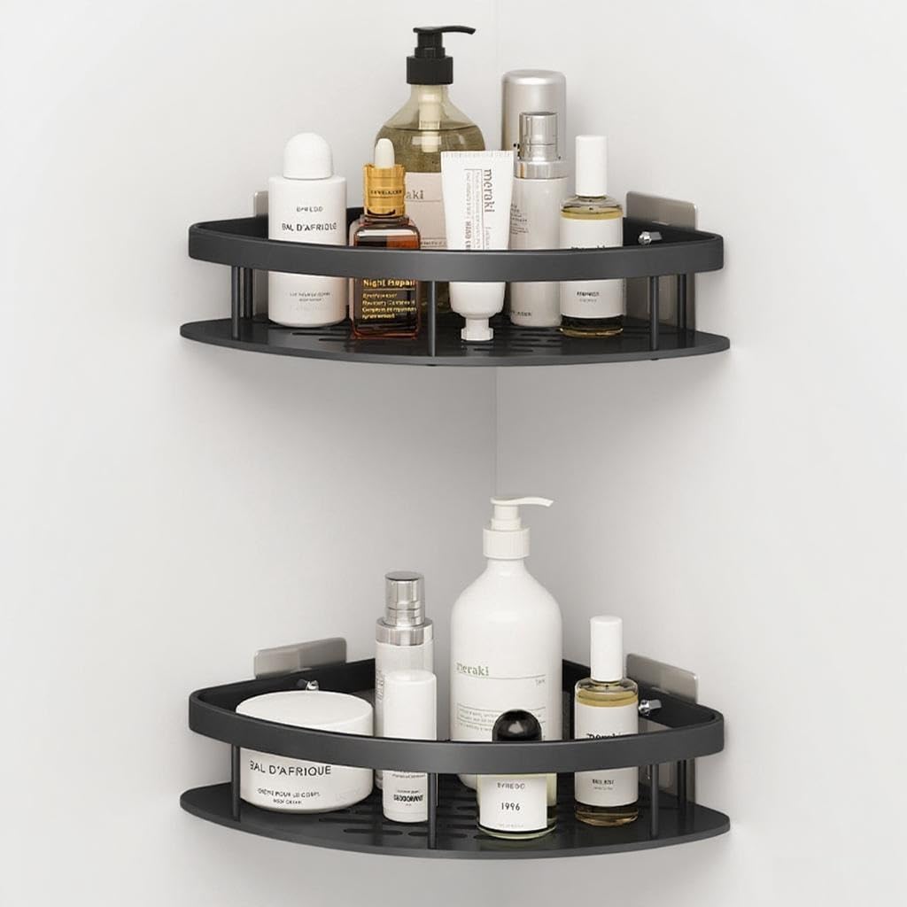 Corner Shower Caddy No-Drilling Bathroom Shower Organizer Rust-Proof Aluminum Alloy Caddy for Kitchen Home Decor Adhesive Caddy Black