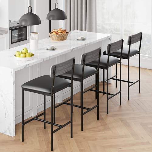 Image of Garvee Bar Stools Set of 2, Upholstered Counter Height Bar Stool with Backrest and Footrest, Wider Seat, Kitchen Barstools for Kitchen Island, Dining Room, Easy Assembly, Retro Gray