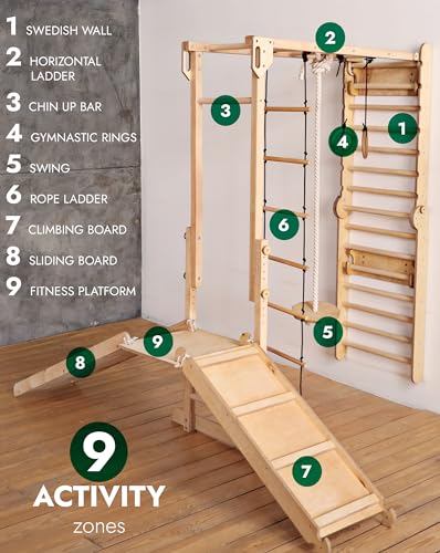 Image of 9-in-1 Wooden Indoor Climbing Frame for Children, Montessori-Inspired Climbing Set with Wall Bars, Monkey Bars, Pull-Up Bar, Rings, Swing, Rope Ladder, Climbing Board, Slide & Platform