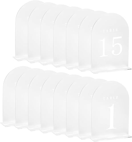 uxcell 15 carteles acrílicos de arco transparente de 4.8 x 7 pulgadas con soporte, soportes de números de mesa de arco acrílico para decoración de