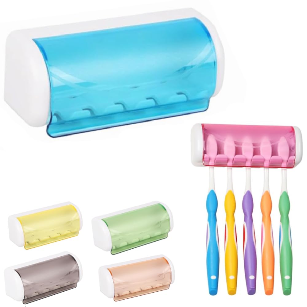 Prostuff.in® Plastic 1 Pcs Easily Wall Mounted 5 Toothbrush Holder Storage with Dust Proof Cover Holder for Bathroom Multicolor