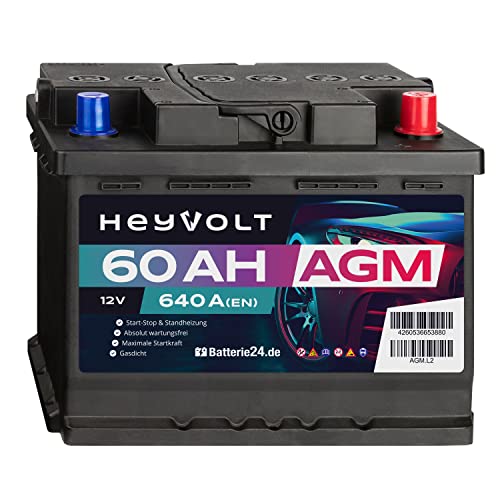 HeyVolt AGM Autobatterie 12V 60Ah 640A/EN Starterbatterie, Start-Stop & Standheizung geeignet, absolut wartungsfrei
