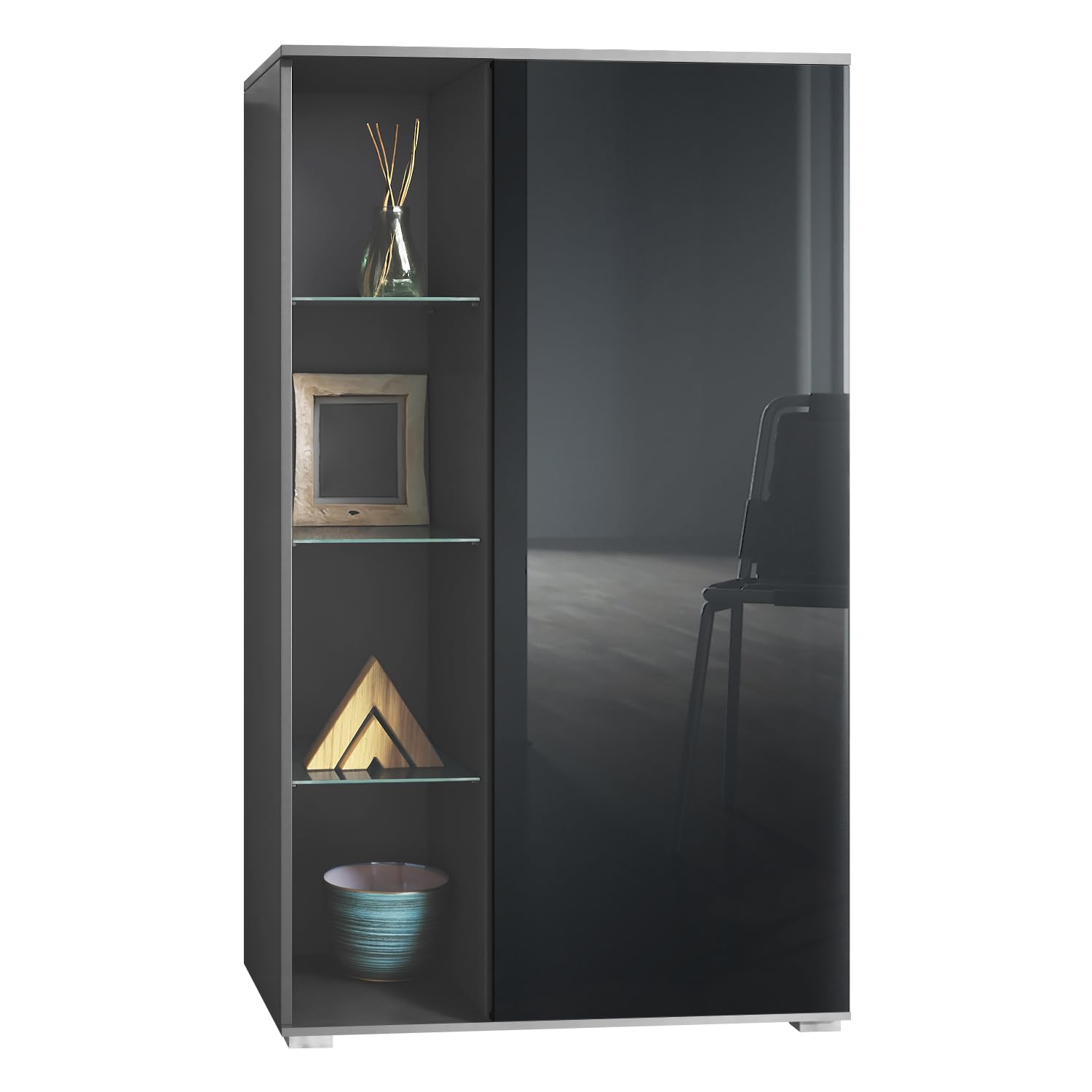 Vladon Vitrine Davos, Made in Germany, Standvitrine mit 3 Glasböden und 8 Fächer, Anthrazit matt/Schwarz Hochglanz (71,5 x 134 x 35 cm)