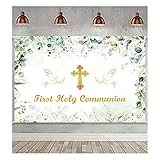 MAQTT 7x5ft First Holy Communian Cross God Bless Backdrop for Boys and Girls Christening Party Decoration Greeney Eucalyptus Leaves Photography Backdrop Baby Shower Baptism Photo Props