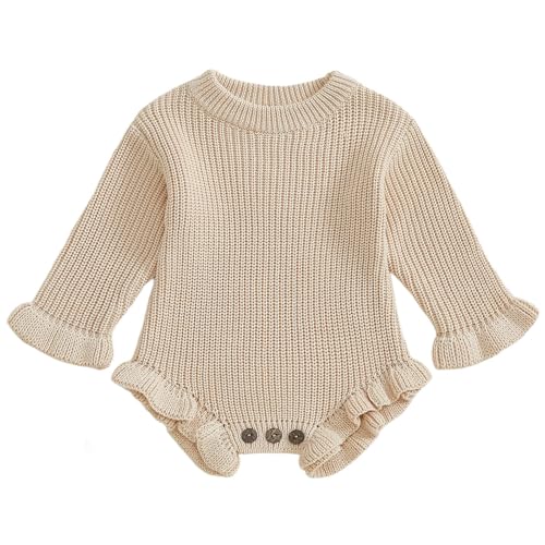 Image of Mubineo Baby Girl Fall Winter Clothes Basic Plain Cute Sweater Romper Outfit Pullover Ruffle Long Sleeve Newborn Outfits