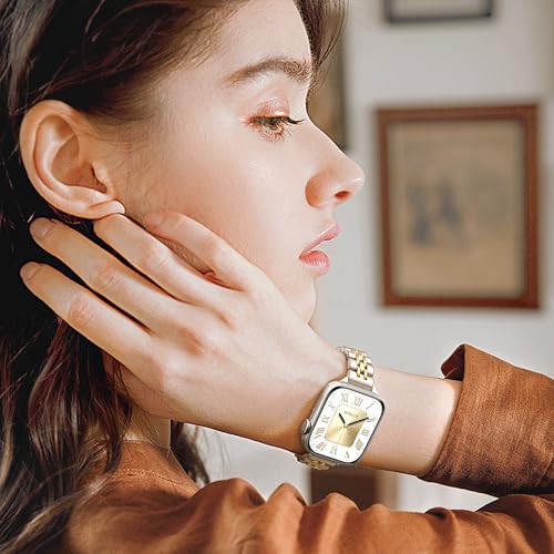 Image of Wipalor Thin Classic Metal Chain Band Fit Slim Apple Watch Bands for women 42mm 44mm 45mm 49mm, Dressy Designer Stainless Steel iWatch Bands for iPhone Watch Series 10 9 SE 8 7 6 5 4 Ultra-Starlight /Gold