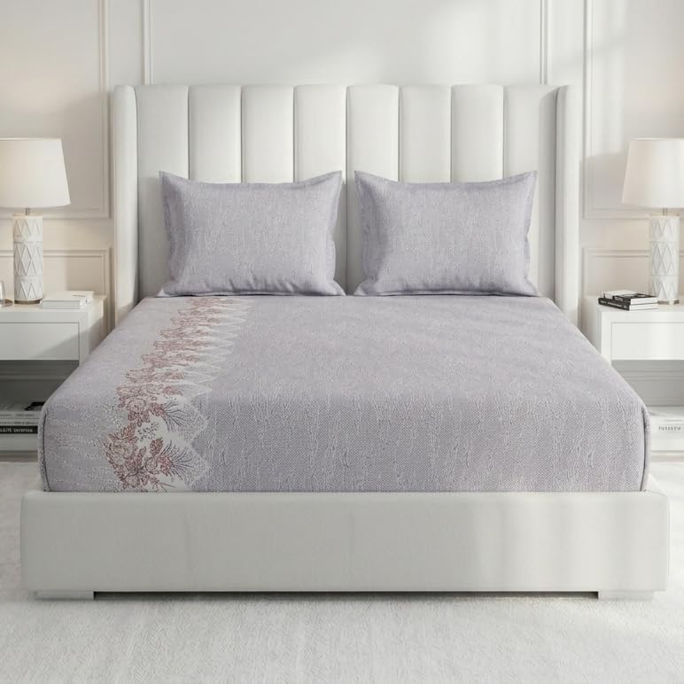 Image of Monte Carlo Eminence Double Bedsheet with 2 Pillow Covers | 144 TC Cotton Bedsheet for Double Bed | Soft & Breathable All Season Bedding Set | Lavender Grey Floral Design | Bedsheet 87 x 100 Inches