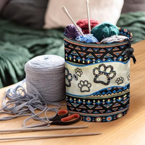 Image of Sellikakes Yarn Bag, Aztec Dog Paw Knitting Crochet Bag Yarn Storage Bag, Portable Yarn Holder for Crocheting Project Knitting Needles Sewing Accessories