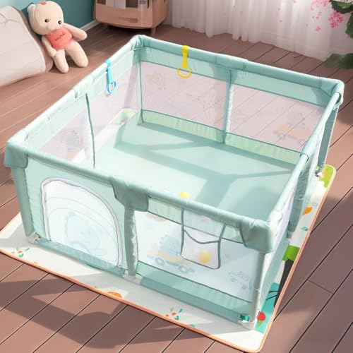 Image of Dawnwake Small Playpen 120 x 120 cm for Toddlers & Kids up to 3 Years with 2 Anti-Fall Grasp Rings, Baby Fence with Safety Lock & Suction Cup (No Mat /No Ball, Non-Foldable) -Green