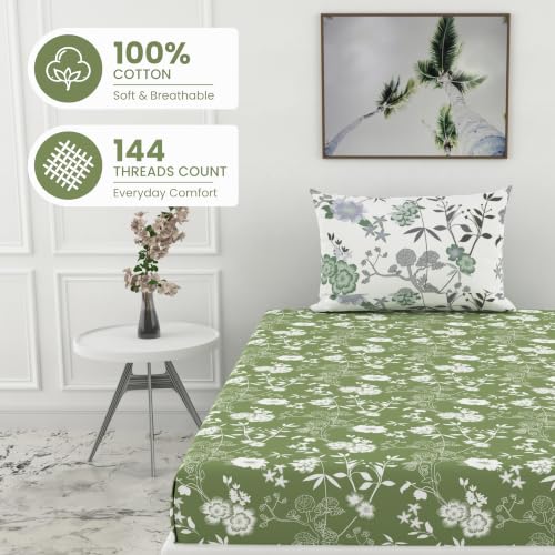 Image of LORETO - A QUALITY LINEN BRAND 144 TC 100% Pure Cotton Single Fitted Bedsheet with 1 Pillow Cover for 72 x 36 Inch Mattress, All-Around Elastic, 8 Inch Deep Pocket, Olive Green Floral Elegance