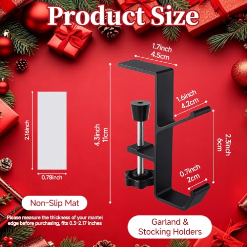 HISFFOG 4 Pack Stocking Holders for Mantle, 2-in-1 Adjustable Christmas Stocking & Garland Hangers with Dual Hooks, No-Drill Metal Fireplace Hooks with Non-Slip Pads, Black - image 3