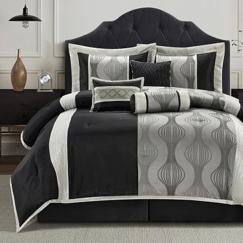 LANCO MODERN LIFESTYLE King Comforter Set, Black Silver, 7 Pieces Bed in a Bag, Ultra Soft Jacquard with Solid Piecework, Luxury Bed Set with Comforters, Bed Skirt, Pillow Shams and Decorative Pillows