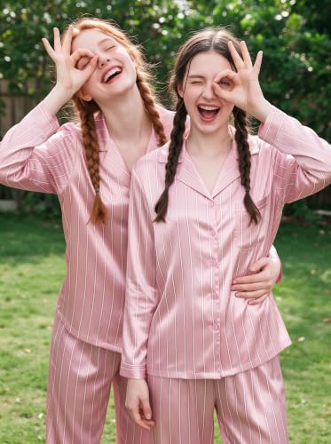 Image of SWOMOG Long Sleeve Pajamas Set Silk Satin Sleepwear Button Down Pjs Loungewear with Pocket