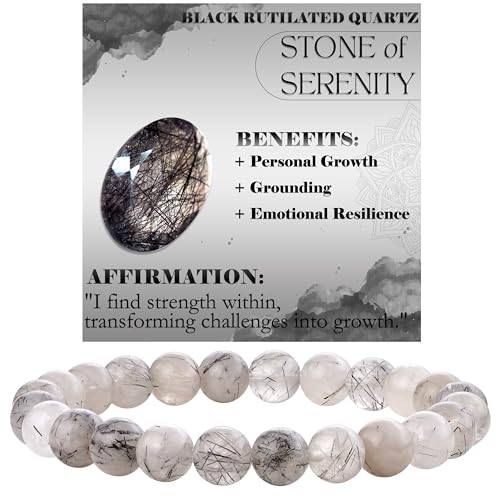 Bivei Noir rutile quartz - élastique - Bracelet de Perles Pour Femmes 8mm en Semi-précieux Naturel élastique élastique Cristal Bijoux Cadeaux de Yoga