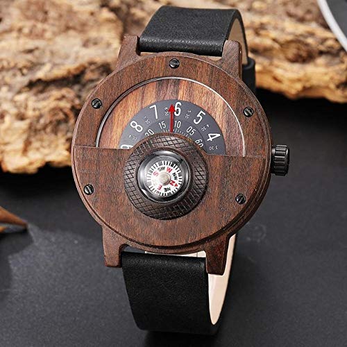Kreativer Kompass Holz Uhr Männer Plattenspieler Zifferblatt Echt Walnuss Ebenholz Holz Mann Uhren Männlich Schwarz Braun Rot Holz Gehäuse Uhr,