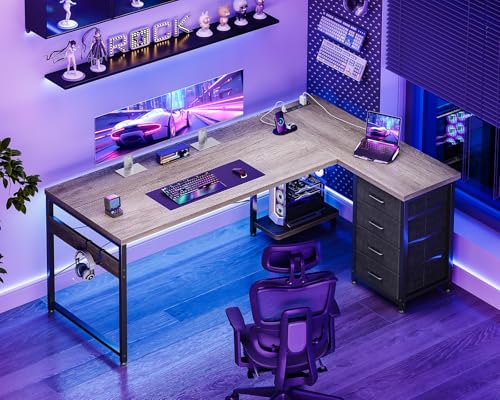 Image of AODK L Shaped Gaming Desk with 4 Drawers, 61 inch Reversible Home Office Desks with Power Outlets, L Shaped Computer Desk with USB Charging Port and Host Stand, Corner Desk, Easy to Assemble, Grey
