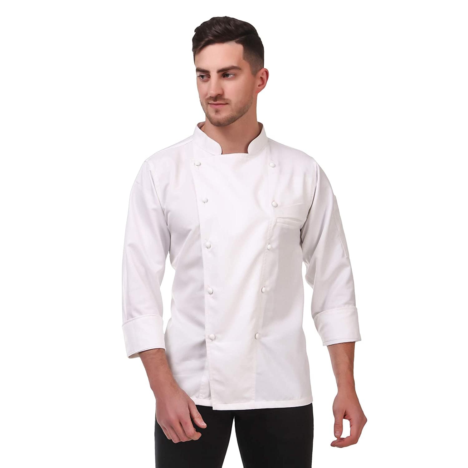 RAJINDRAS SLEEK & STYLISH CHEF COATS TO ELEVATE YOUR CULINARY ATTIRE(MEN & WOMEN)(WHITE WITH WHITE PIPING)