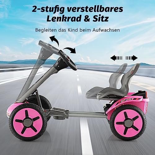 COSTWAY 12V Kinder Elektro Gokart mit LED Lichter, Go Kart mit 2-Fach verstellbarem Lenkrad & Sitz, Tretauto mit Getränkehalter, EIN-Knopf-Start, für Kinder ab 2 Jahre alt (Rosa) – Bild 4