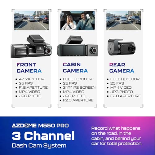 Image of AZDOME M550 Pro5G WiFi 3Channel Dash Cam for Car Built-in GPS, 4K+1080P Dual Dashcam for Front and Rear 1440P+1080P, 512GB, 3.19 inch IPS Screen, IR Night Vision, 24H Parking Mode - Car Accessories