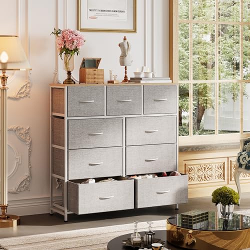 WLIVE 9-Drawer Dresser, Fabric Storage Tower for Bedroom, Hallway, Entryway, Closet, Tall Chest Organizer Unit with Fabric Bins, Steel Frame, Wood Top, Easy Pull Handle, Light Grey by WLIVE - Image 3
