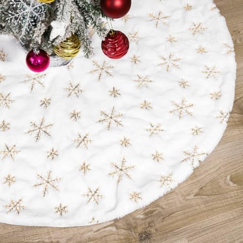 CaiTang 120cm Falda de Arbol de Navidad, Base de arbol de Navidad con Copos de Nieve de Lentejuelas Doradas, Falda para Arbol para Decoración Navideña