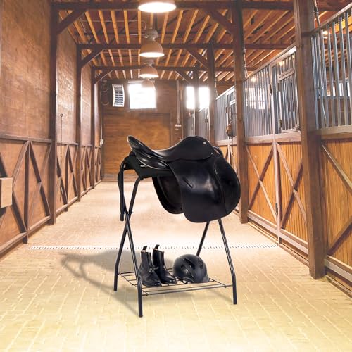 Image of Harrison Howard Saddle Stand Freestanding Full-Size Portable Floor Horse Saddle Rack with Fabric Adds Protection to Underside of Saddle Prevents Bar Indentations Secure Saddle Saddle Black