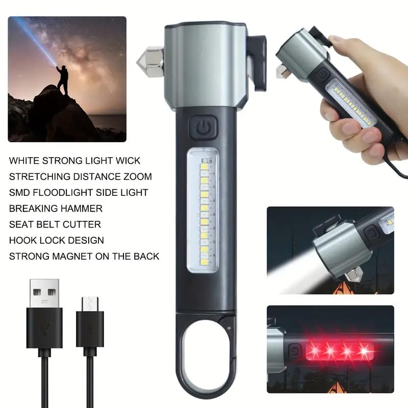 Image of FLYNGO 3 in 1 Multifunction LED Torch Light Rechargeable, Rescue Emergency Flashlight with Car Seat Belt Cutter & Glass Breaker, Bright Zoomable Torch Light for Trekking, Camping (Black)