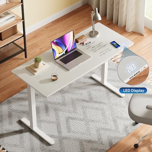 Image of DEVAISE 55 Inch Electric Standing Desk with Drawers, Adjustable Computer Desk for Home Office, with LED Touchscreen，Headphone Hook, 3 Memory Preset, with One-Piece Glass Desktop, White