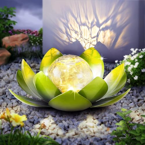 Huaxu Solar Lights Outdoor Garden Decoration Crackle Globe Glass Waterproof LED Metal Green Lotus Flowers Gift for Mom,Women,Patio,Lawn,Walkway,Tabletop,Ground - image 1