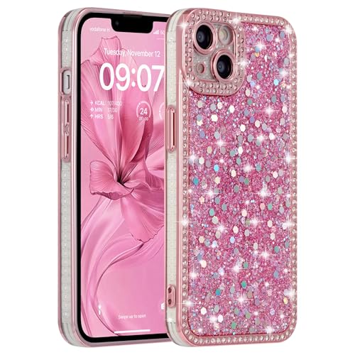 FABSPARK Case for iPhone 13,Glitter Crystal Diamond Rhinestones Sequin Shiny Bling Sparkly Glossy Luxury Electroplated Case,Aesthetic Cute Full Protection for iPhone 13,Pink