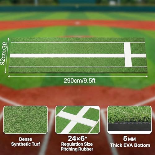 Qryovsa Softball Pitching Mat with Pitching Rubber & Stride Line, Denser Antifade Turf, Antislip EVA Bottom 10ft x 3ft, Indoor/Outdoor Training Aid