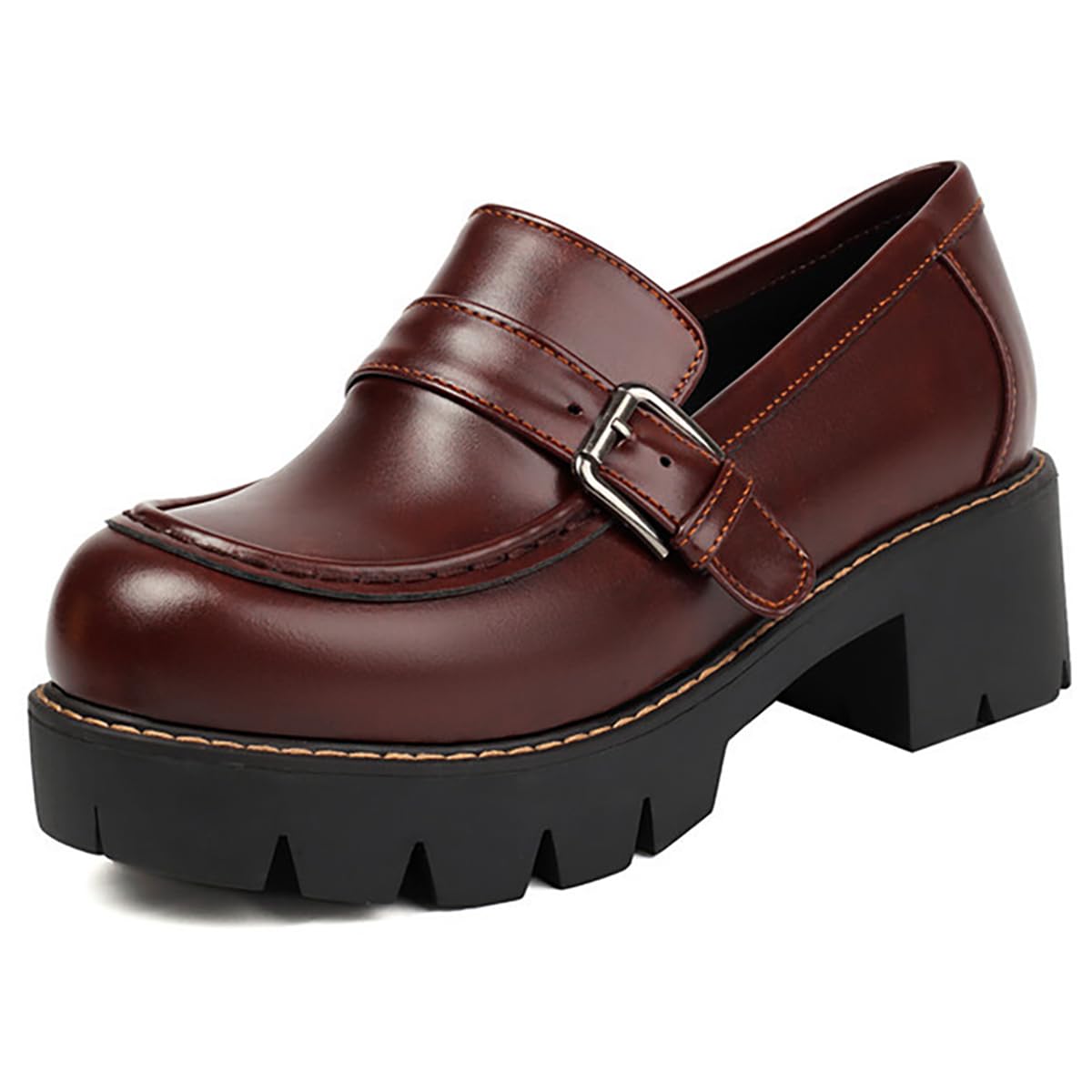 Mocassini Donna con Plateau Tacco Largo Pelle Sintetica Punta Rotonda Tacco Larghezza Fibbia Suola Dentata Slip-On Comodi Stile College Goth Scarpe