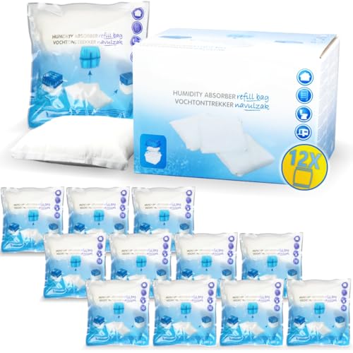 Stimo 12x Luftentfeuchter Nachfüllpack 400g Raumentfeuchter Feuchtigkeits-Stopper Granulat - Beutel (12x Nachfüllpack 400g), Weiß