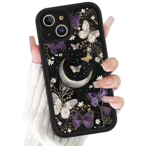 Kivlclri Cover per iPhone 14 6,1', Cellulare Nero Silicone Morbido Custodia per telefono Aesthetic Viola Butterfly Luna Motivo Disegno Protezione Fotocamera Antiurto Case per Ragazze Donne