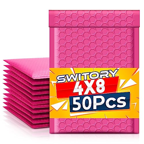 Switory 50 sobres acolchados de 10,2 x 17,7 cm, 10,2 x 17,7 cm, sobres acolchados a granel #000, bolsas de polietileno forradas con burbujas para envío, empaque, autosellado, color rosa