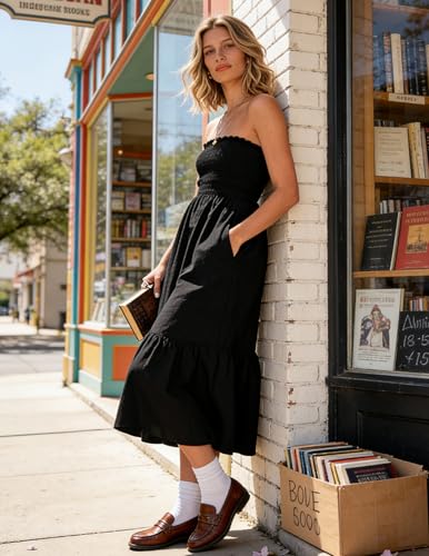 Image of ZESICA Women's Summer Boho Strapless Maxi Dress 2026 Casual Off Shoulder Smocked Flowy A Line Beach Holiday Long Dresses