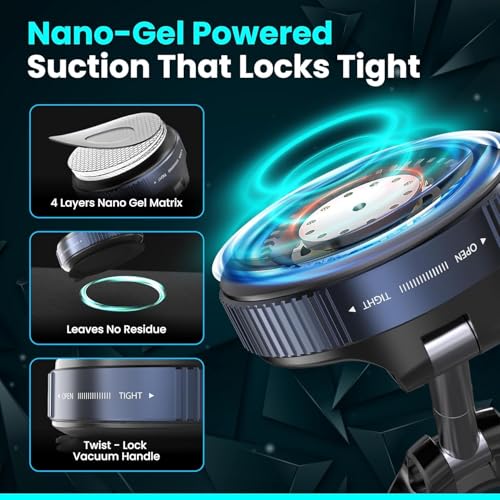 Image of Upgraded 360 Vacuum Magnetic Car Phone Mount, Strong Suction Cup Phone Holder, Hands-Free Mobile Stand for Car Dashboard, Windshield, Gym, Mirror & Shower, Universal Compatible (Pro Black)