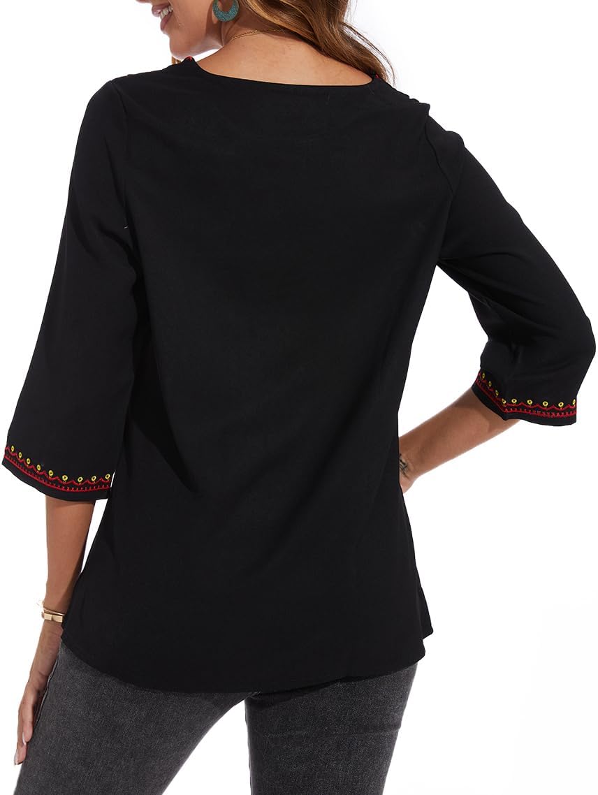 MINTLIMIT Crewneck Mexican Shirts for Women 3/4 Sleeve Floral Embroidered Tops Ethnic Style Loose Peasant Tee Shirt (Round Neck #B, Size 2XL) - Image 3