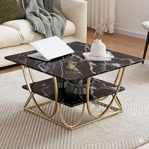 Image of Coffee Table Contemporary Sofa Side Table with Gold Frame for Living Room End Table Telephone Table with Two Shelves for Storage on a Wooden Tabletop.(Square Black Gold)