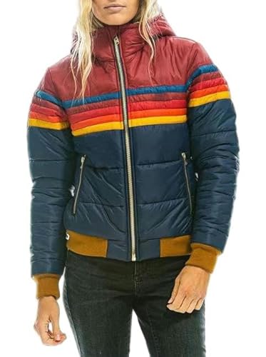 CLXLYU Giacca Invernale Giacca di Cotone Corta Stampato con Cappuccio da Donna con Cappuccio Abbigliamento in Cotone Outdoor alla Moda-Blu+Rosso-L