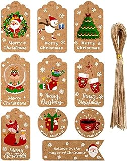 Christmas Gift Tags, 50Pcs 10 Styles Brown Kraft Paper Gift Tags Small Xmas Present Labels Hanging Tags for DIY Christmas Wrapping Paper and Present Craft Decoration