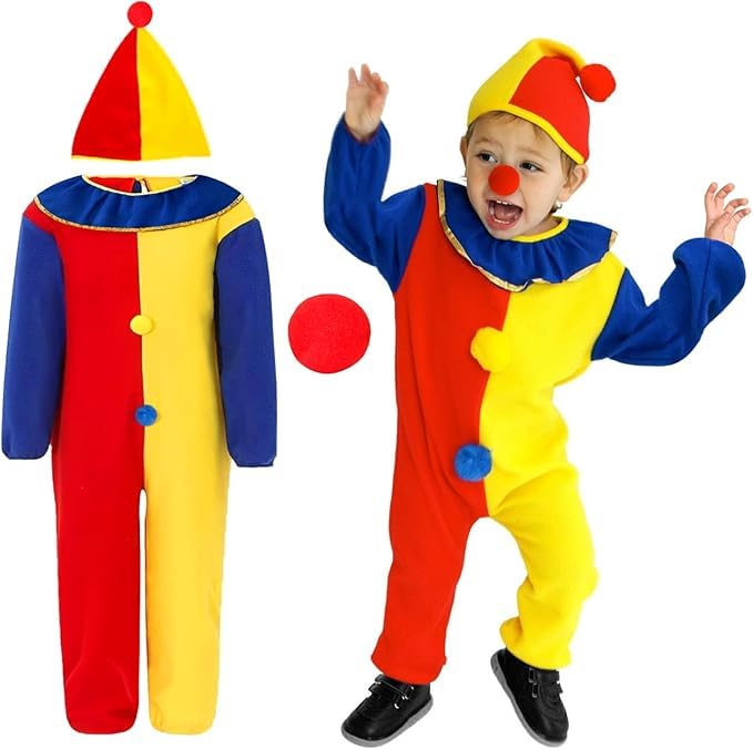 Hpbaggy 3 Pièces Déguisement Clown Enfant 3-6 Ans,Costume Enfant Carnaval Clown,Fancy Dress Costume de clown,Déguisement Cirque Bouffon pour Enfant,Costume Halloween...