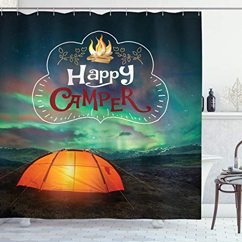 Ambesonne Happy Camper Shower Curtain, Aurora Borealis Night Sky and Orange Tent